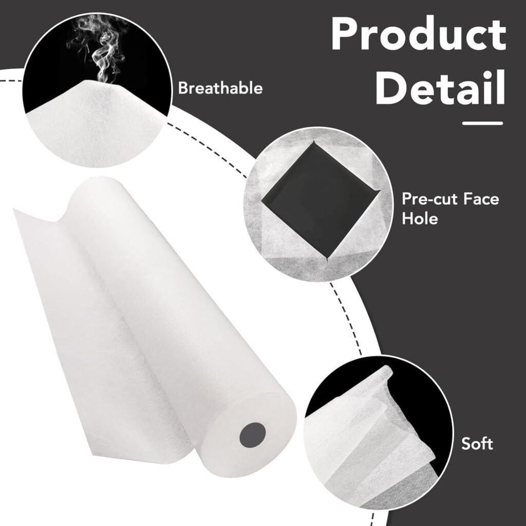 1 Roll Disposable Table Sheets, 71 x 32 Non-Woven Massage Table Pad with Face Hole- 30 g/m2 - Durable Bed Cover for Massage, Spa, Tattoo, Exam Tables, Beauty Salon (50 Sheets) White