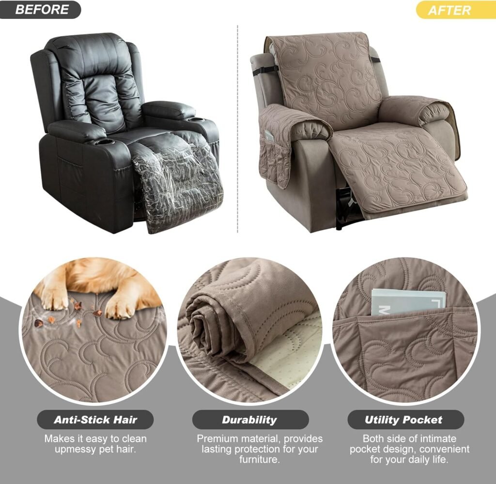 100% Waterproof Recliner Chair Cover, Recliner Chair Covers for Reclining Chair, Non-Slip Fabric Recliner Couch Cover for Living Room, for Pets Kids Protector, Washable (Light Gray, 28Recliner Chair)