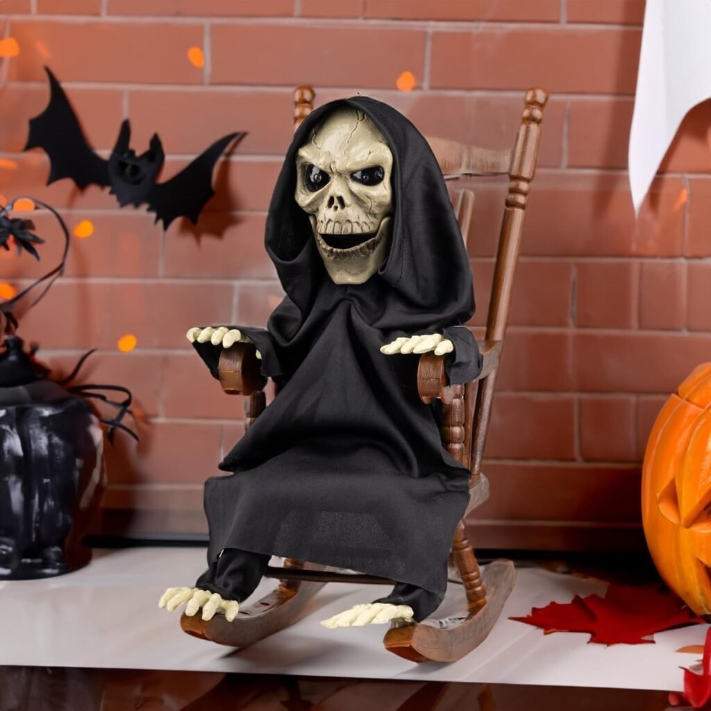 15 Halloween Rocking Chair Zombie - Animated skeleton decoration for indoor/outdoor use with voice-activated, gravity-controlled, scary sounds, spooky skeletons, glowing eyes, and scary haunted props