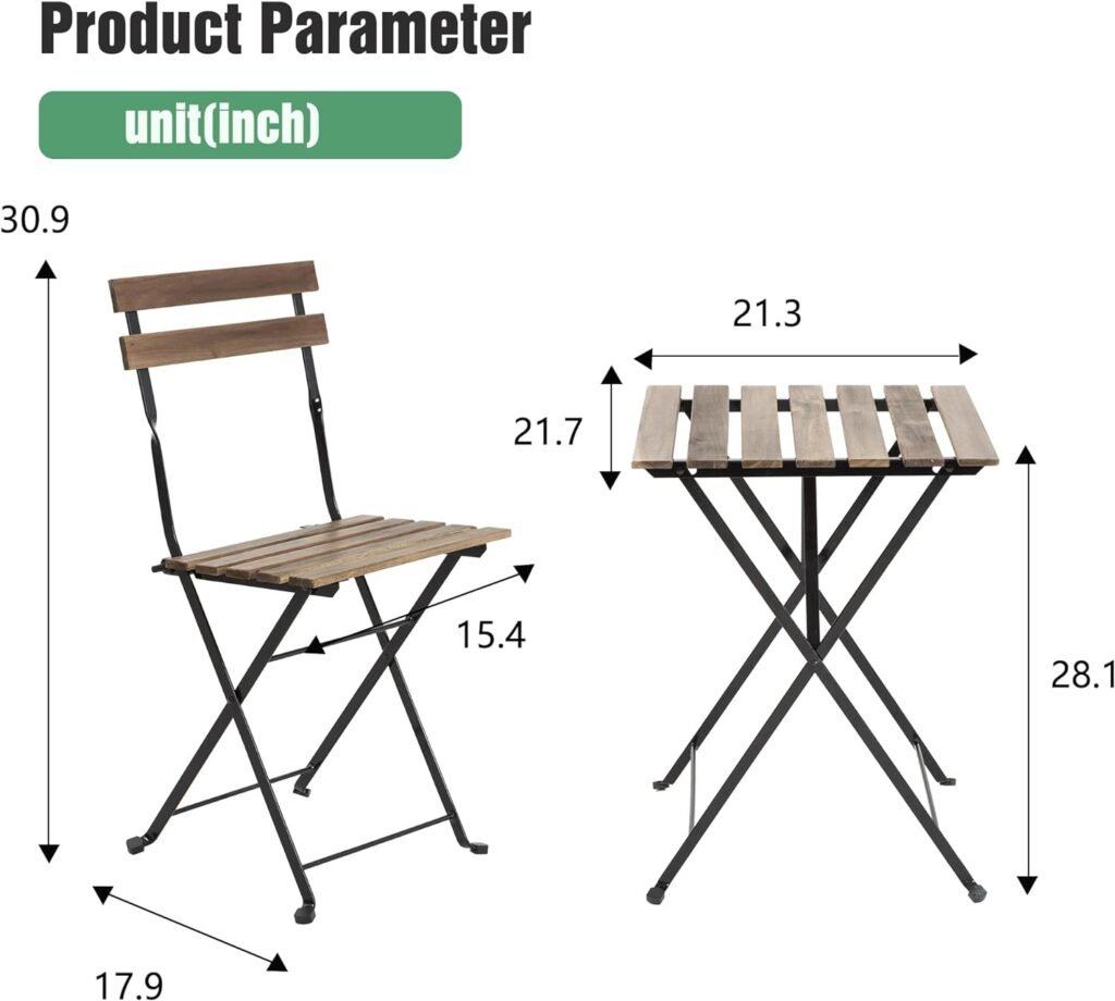 3 Pieces Bistro Set Outdoor Furniture Sets 2 Folding Chairs and Table Steel Frames and Weather-Resistant Wood Portable Design for Bistro  Balcony (Chestnut Brown)