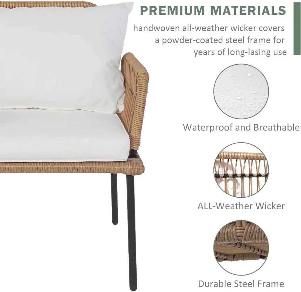 3 Pieces Rocking Chairs Set, Boho Indoor Outdoor All Weather Woven Rope Table Set, Tan Wicker Chat Set with White Cushions, Rattan Sets for Balcony, Garden, Front Porch,Indoor,Living Rooms