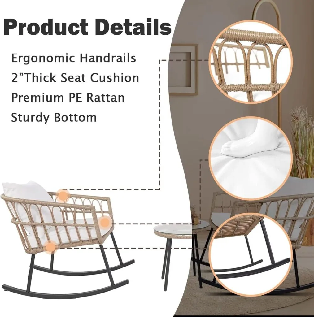 3 Pieces Rocking Chairs Set, Boho Indoor Outdoor All Weather Woven Rope Table Set, Tan Wicker Chat Set with White Cushions, Rattan Sets for Balcony, Garden, Front Porch,Indoor,Living Rooms