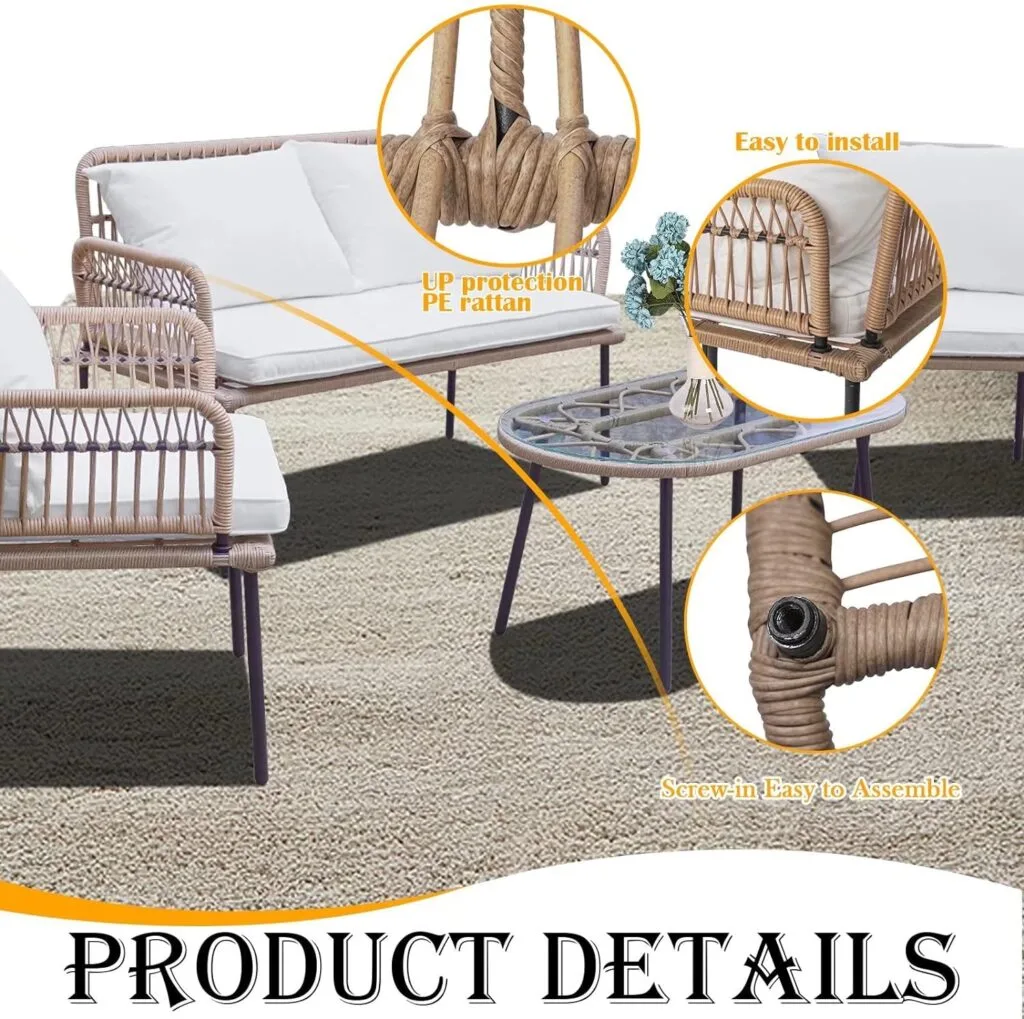 3 Pieces Rocking Chairs Set, Boho Indoor Outdoor All Weather Woven Rope Table Set, Tan Wicker Chat Set with White Cushions, Rattan Sets for Balcony, Garden, Front Porch,Indoor,Living Rooms