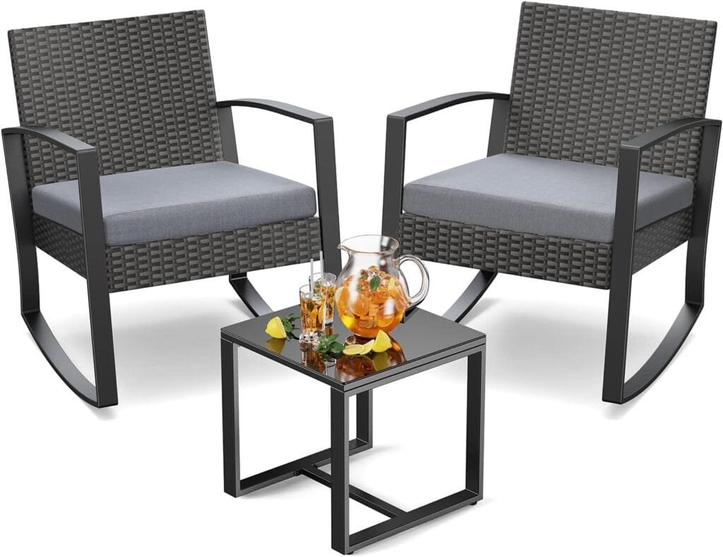 3 Pieces Wicker Patio Furniture Set, Modern Rocking Conversation Set with Coffee Table, Outdoor Rattan Patio Chairs Bistro Set for Balcony Porch Garden Yard Poolside, Grey