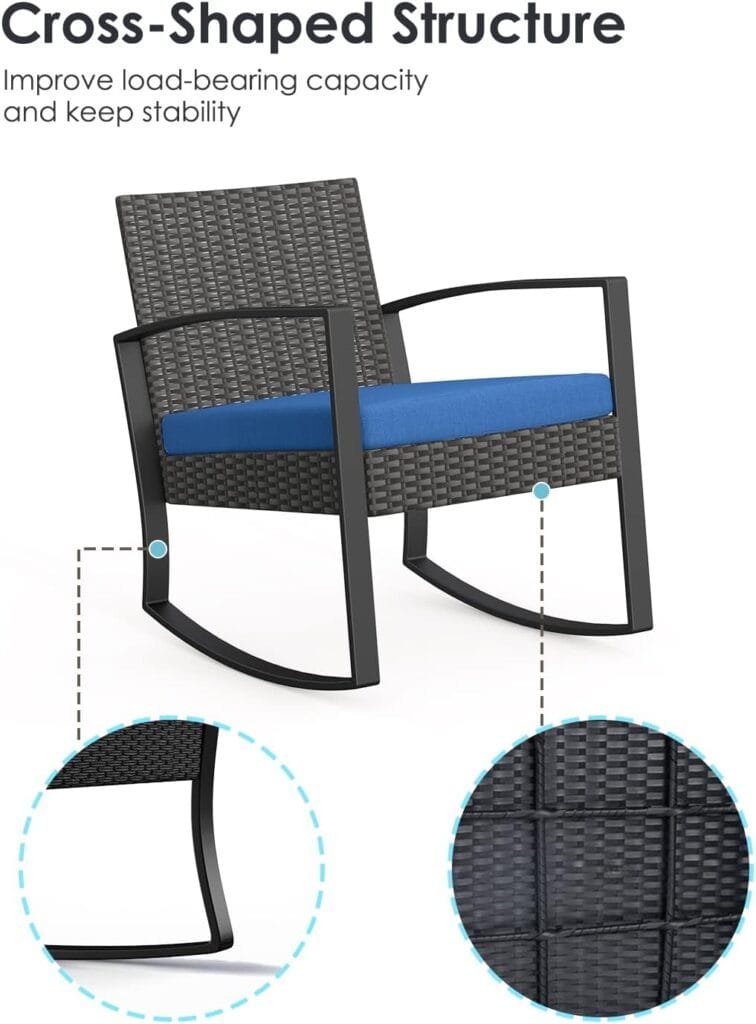 3 Pieces Wicker Patio Furniture Set, Modern Rocking Conversation Set with Coffee Table, Outdoor Rattan Patio Chairs Bistro Set for Balcony Porch Garden Yard Poolside, Grey