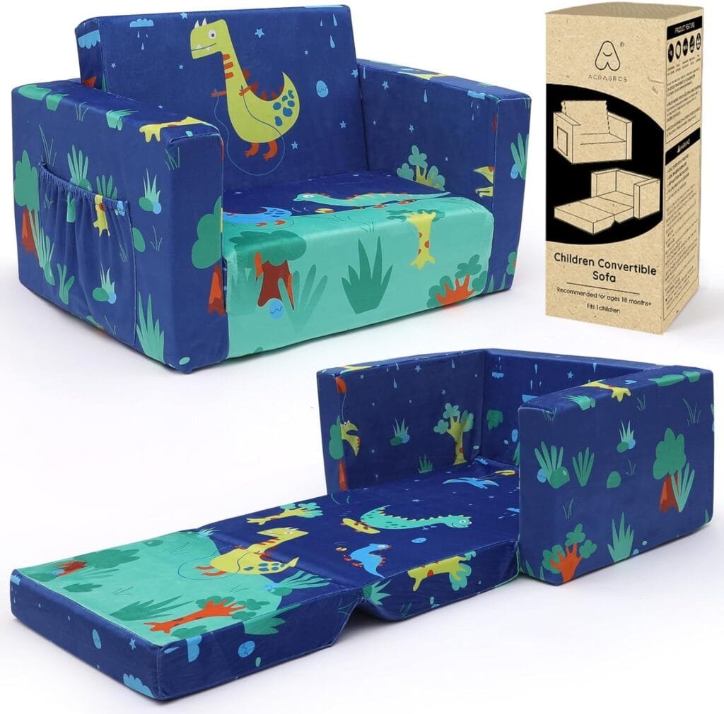 ACRABROS-Toddler-Kids-Couch-Toddler-Chairs-for-Boys-Girls 2 in 1 Baby Sofa Fold Out to Lounger, Pre-Assembled, Soft Plush Kids Furniture for Playroom Bedroom,Dinosaur.