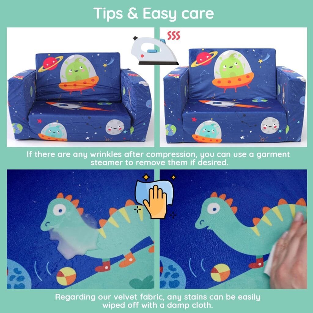 ACRABROS-Toddler-Kids-Couch-Toddler-Chairs-for-Boys-Girls 2 in 1 Baby Sofa Fold Out to Lounger, Pre-Assembled, Soft Plush Kids Furniture for Playroom Bedroom,Dinosaur.