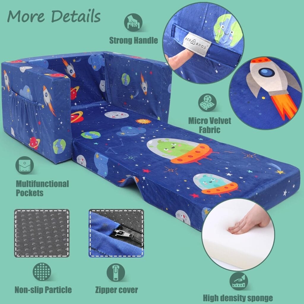 ACRABROS-Toddler-Kids-Couch-Toddler-Chairs-for-Boys-Girls 2 in 1 Baby Sofa Fold Out to Lounger, Pre-Assembled, Soft Plush Kids Furniture for Playroom Bedroom,Dinosaur.