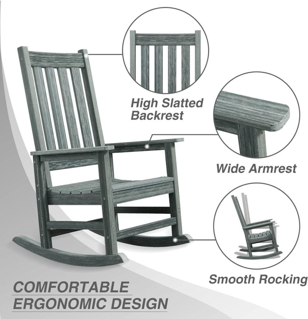 ACUEL Rocking Chair Outdoor, Oversize HDPE Patio Rocker Chairs, Weather Resistant 350lbs Heavy Duty Rocking Chair with High Back for Backyard, Porch, Fire Pit, Garden and Indoor (Grey)