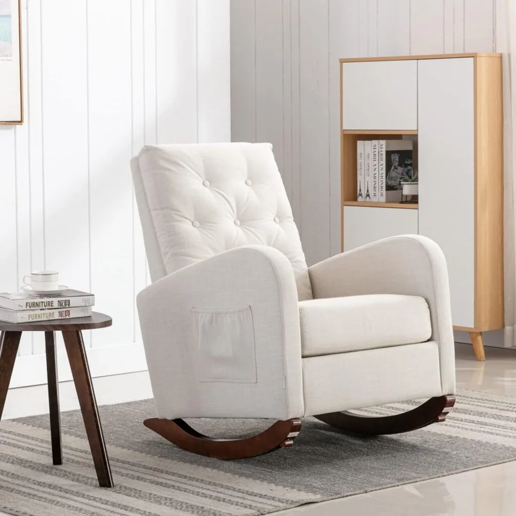 Akrenar Rocking Chair Modern,Upholstered Glider Rocker Chair for Nursery,Comfy Armchair with Side Pocket for Living Room (White), 37D x 36W x 25H in