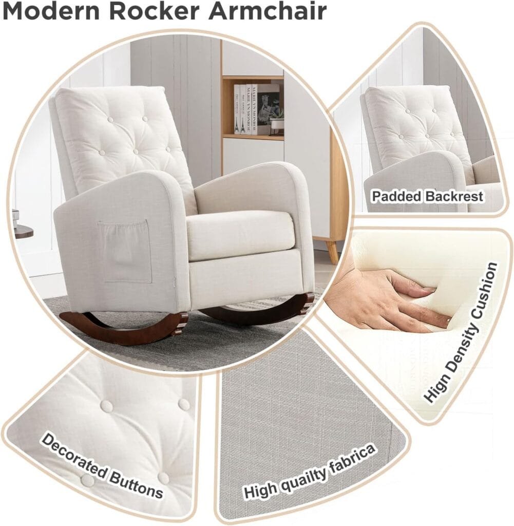 Akrenar Rocking Chair Modern,Upholstered Glider Rocker Chair for Nursery,Comfy Armchair with Side Pocket for Living Room (White), 37D x 36W x 25H in