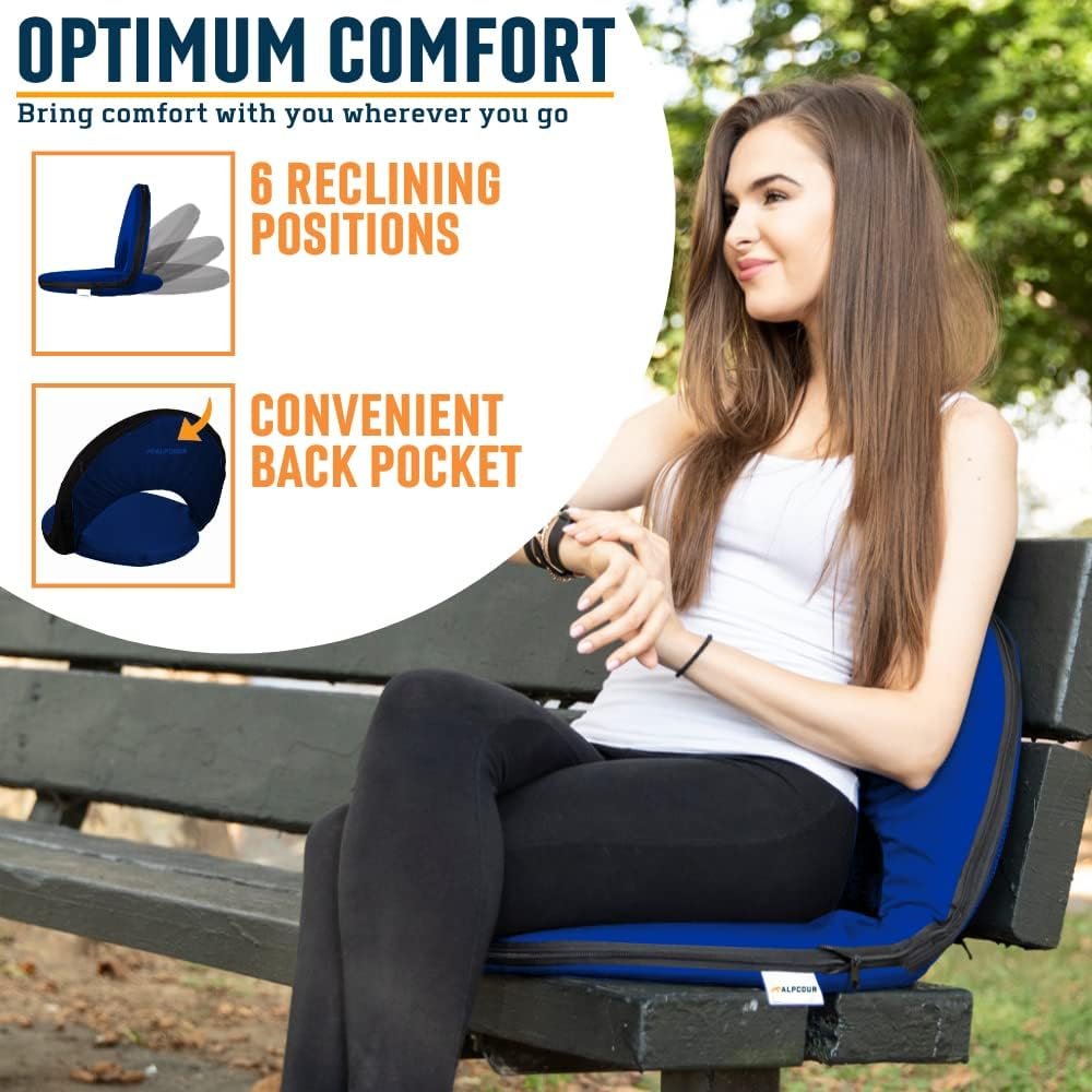 Alpcour Folding Stadium Seat – Deluxe Outdoor Camping Reclining Waterproof Cushion Chair for Bleachers – Best 6-Position Back Support Picnic Bleacher Seats w/Extra Thick Padding for Support  Comfort