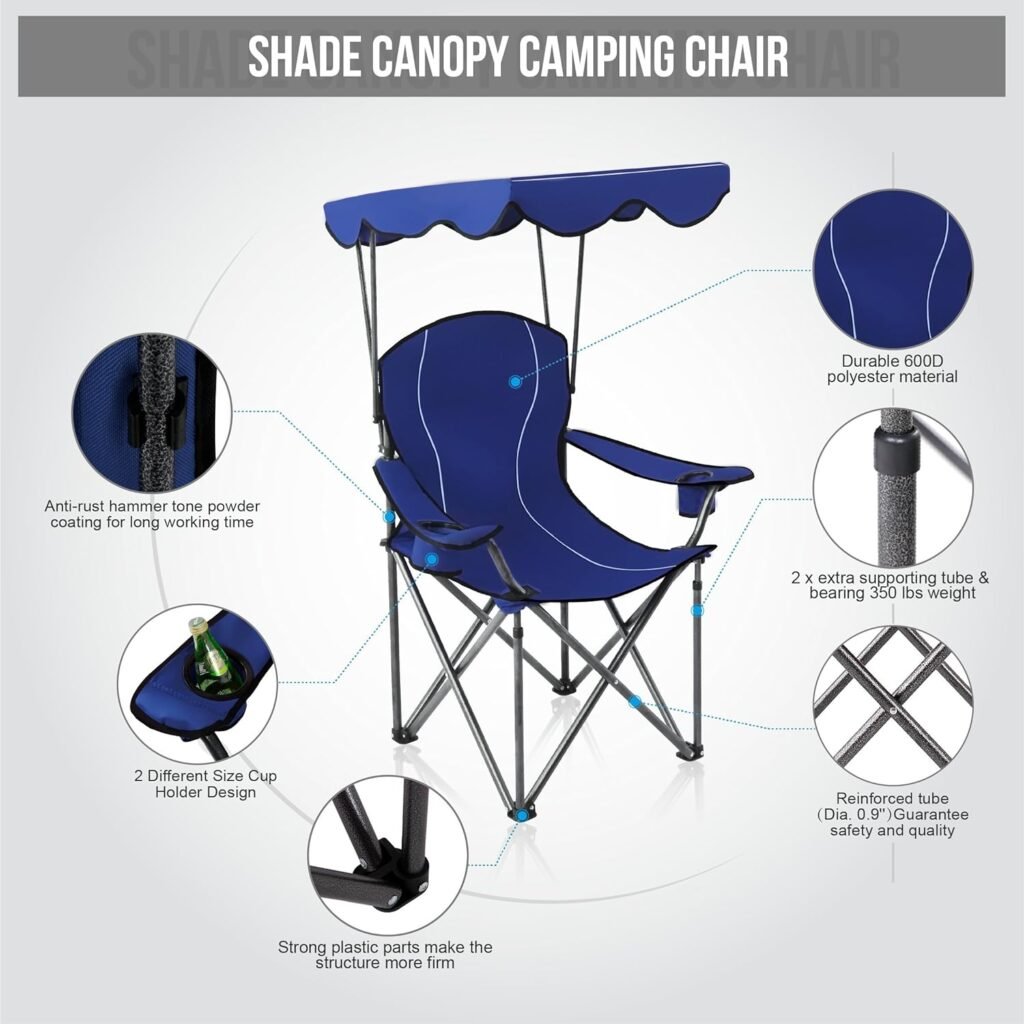 ALPHA CAMP Camp Chairs with Shade Canopy Chair Folding Camping Recliner Support 350 LBS