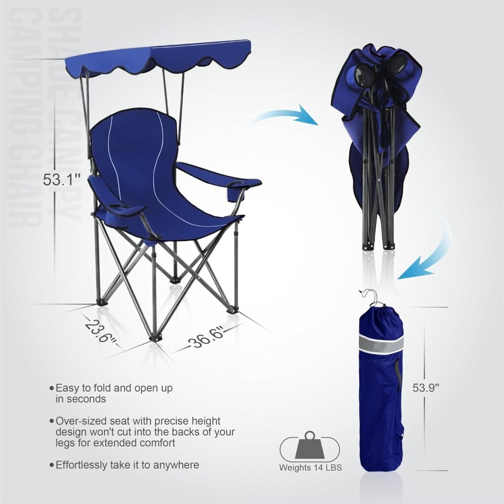 ALPHA CAMP Camp Chairs with Shade Canopy Chair Folding Camping Recliner Support 350 LBS