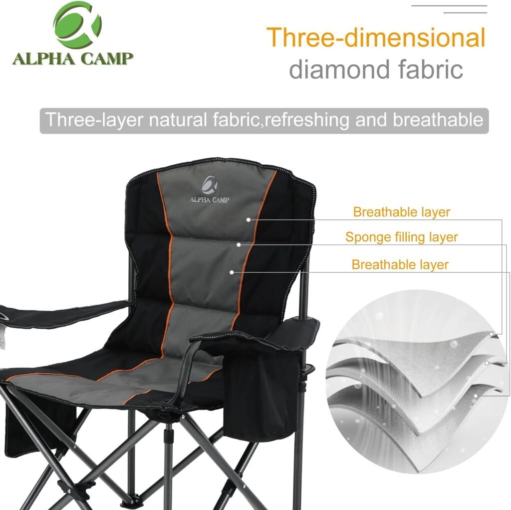 ALPHA CAMP Oversized Camping Folding Chair, Heavy Duty Support 450 LBS Steel Frame Collapsible Padded Arm Chair with Cup Holder Quad Lumbar Back, Portable for Outdoor,Black