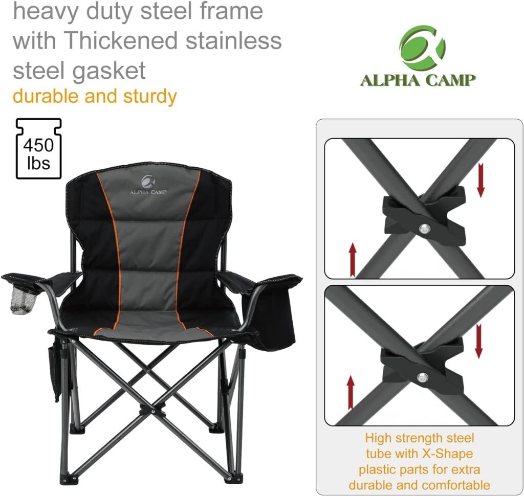 ALPHA CAMP Oversized Camping Folding Chair, Heavy Duty Support 450 LBS Steel Frame Collapsible Padded Arm Chair with Cup Holder Quad Lumbar Back, Portable for Outdoor,Black