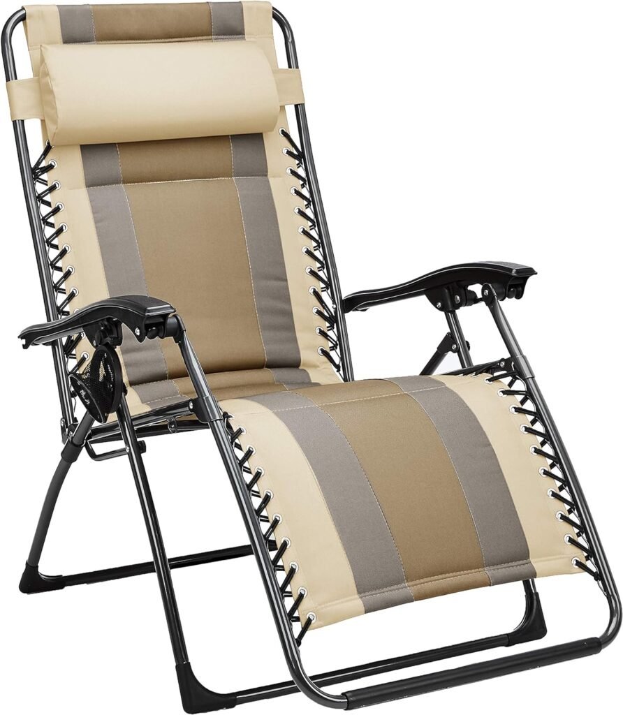 Amazon Basics Outdoor Adjustable Zero Gravity Folding Reclining Lounge Chair With Pillow, Beige, 65 D x 44.1 W x 29.5 H