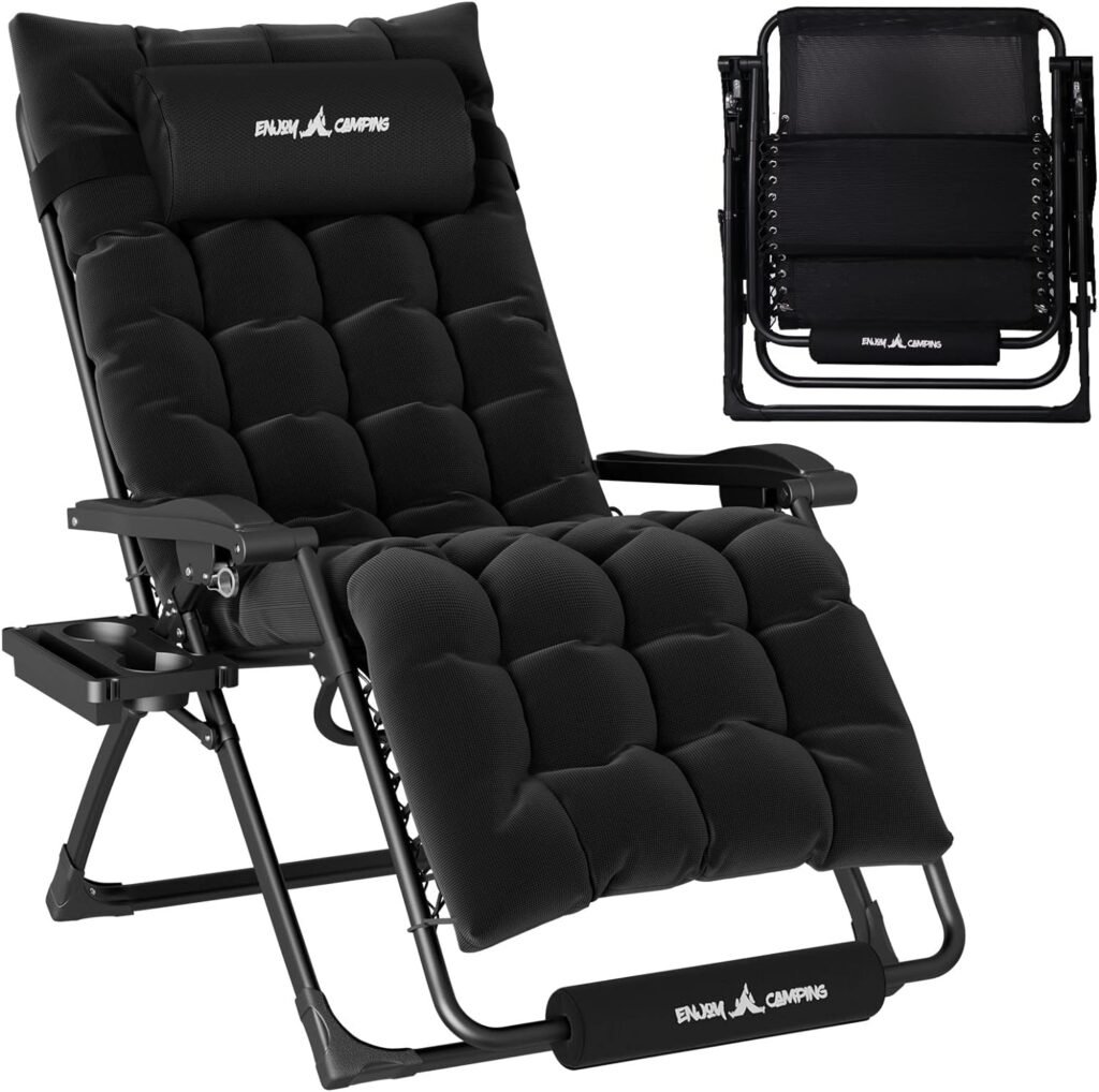 Amopatio Zero Gravity Chair 22 Seat Width, XL Lounge Chairs w/Cushion, Folding Reclining Camping Chair for Outside Deck, Yard, Porch, Pool, Black