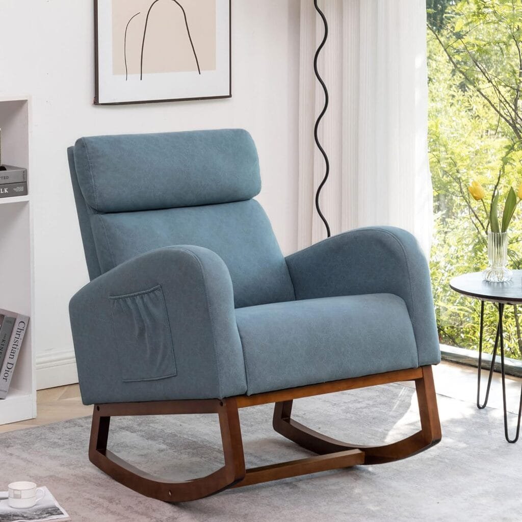 Andeworld Rocking Chair Nursery,Living Room Accent Glider Chair,Upholstered High-Back Armchair for Baby Nursery,Faux Suede Comfy Side Chair for Living Room,Bedroom,Blue