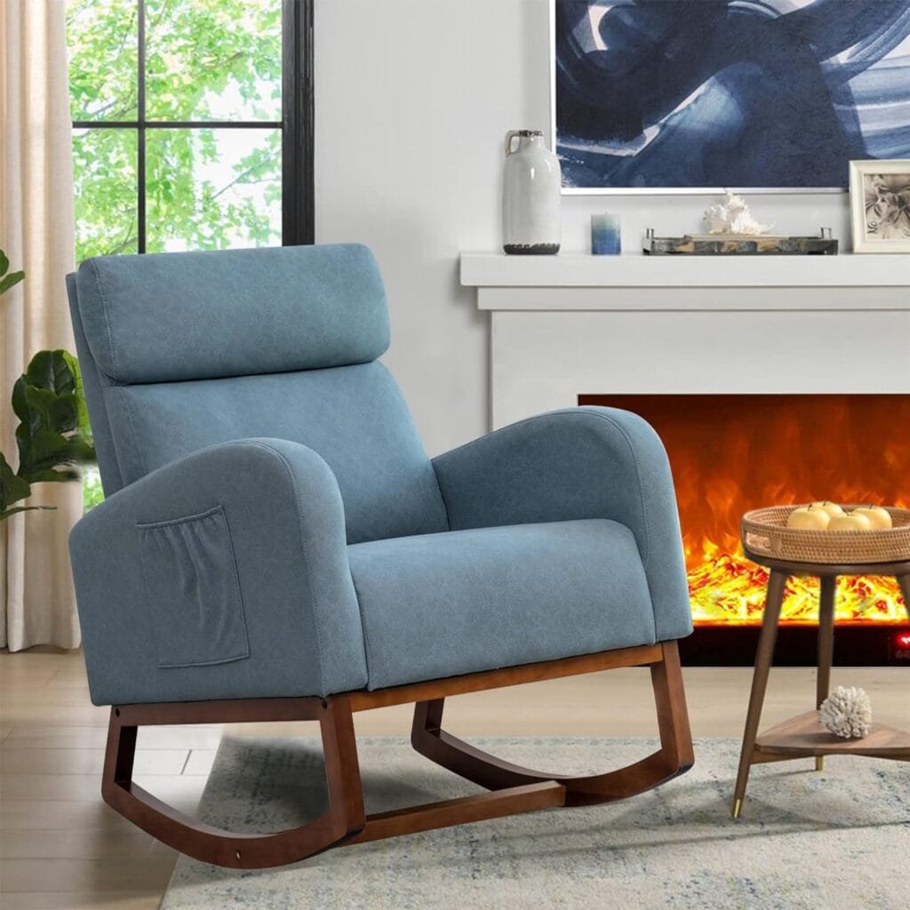 Andeworld Rocking Chair Nursery,Living Room Accent Glider Chair,Upholstered High-Back Armchair for Baby Nursery,Faux Suede Comfy Side Chair for Living Room,Bedroom,Blue
