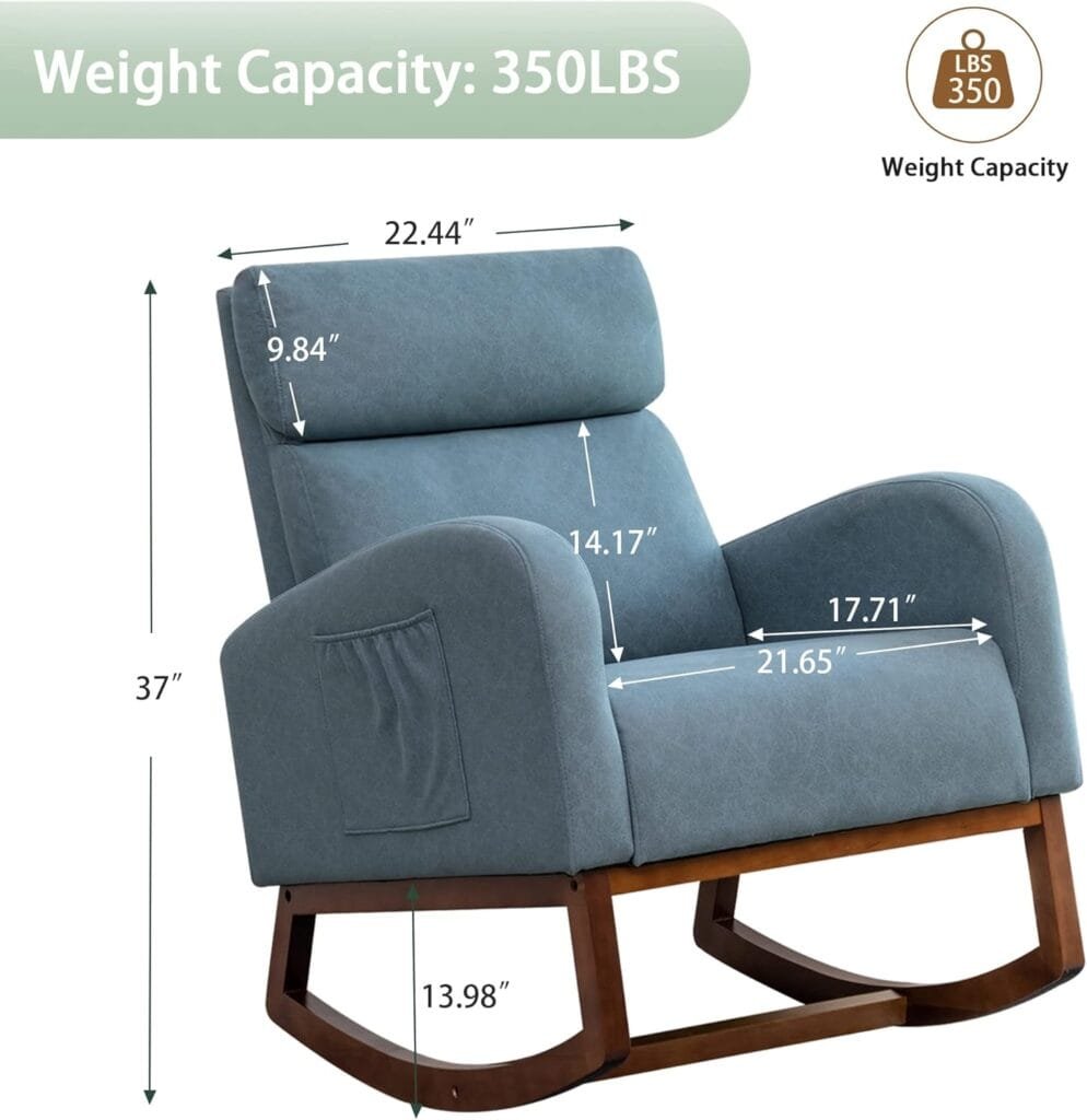 Andeworld Rocking Chair Nursery,Living Room Accent Glider Chair,Upholstered High-Back Armchair for Baby Nursery,Faux Suede Comfy Side Chair for Living Room,Bedroom,Blue