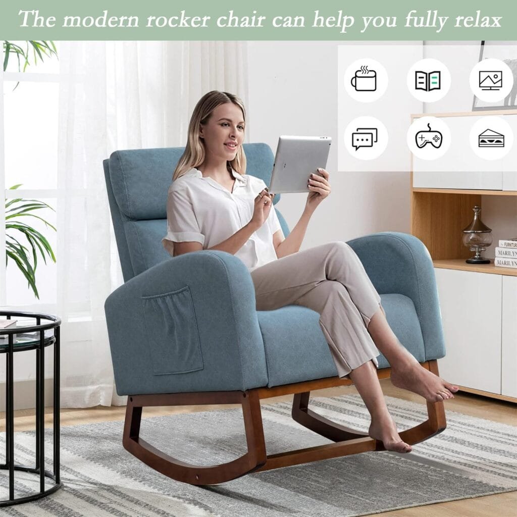 Andeworld Rocking Chair Nursery,Living Room Accent Glider Chair,Upholstered High-Back Armchair for Baby Nursery,Faux Suede Comfy Side Chair for Living Room,Bedroom,Blue