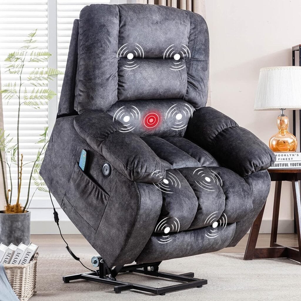 ANJ Big Power Lift Recliner Chair Wide Electric Massage Recliners for Elderly Fabric Living Room Overstuffed Reclining Chair for Adults with Heated Vibration, USB Ports, Massage Remote Control Grey