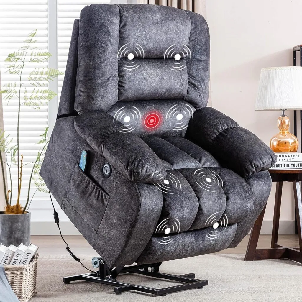 ANJ Big Power Lift Recliner Chair Wide Electric Massage Recliners for Elderly Fabric Living Room Overstuffed Reclining Chair for Adults with Heated Vibration, USB Ports, Massage Remote Control Grey