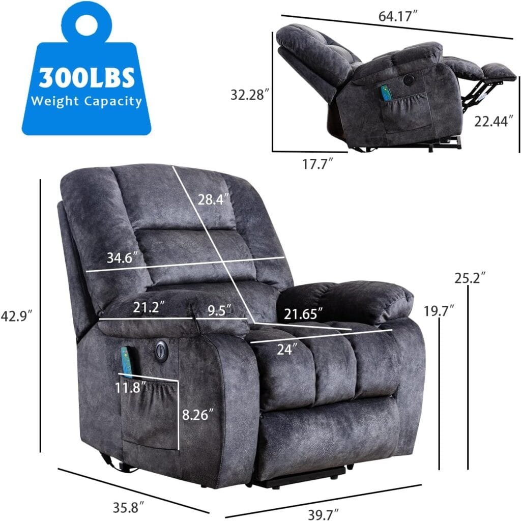 ANJ Big Power Lift Recliner Chair Wide Electric Massage Recliners for Elderly Fabric Living Room Overstuffed Reclining Chair for Adults with Heated Vibration, USB Ports, Massage Remote Control Grey