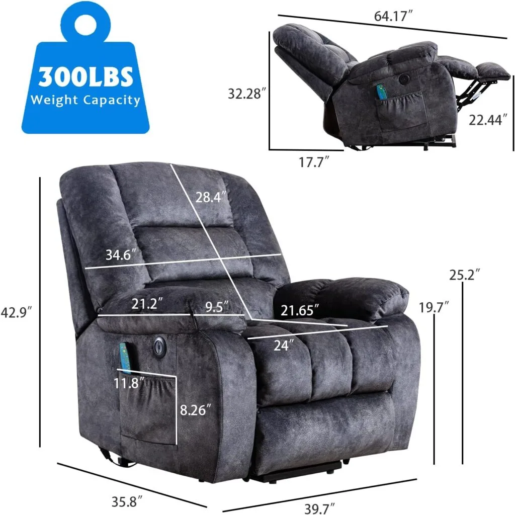 ANJ Big Power Lift Recliner Chair Wide Electric Massage Recliners for Elderly Fabric Living Room Overstuffed Reclining Chair for Adults with Heated Vibration, USB Ports, Massage Remote Control Grey