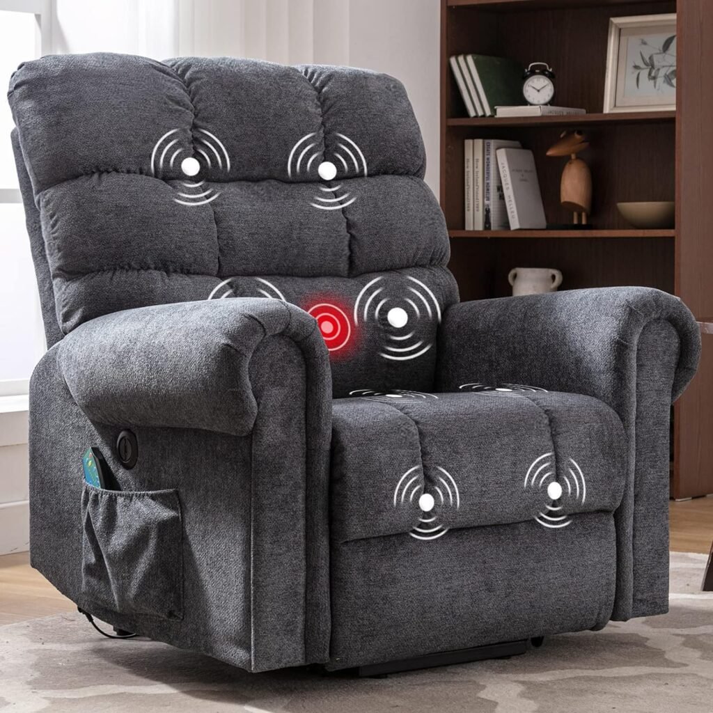 ANJ Large Power Lift Recliner Chair with Massage and Heat for Elderly Big People, Electric Wide Recliners, Heavy Duty and Safety Motion Fabric Reclining Mechanism with USB Ports, Side Pocket, Grey