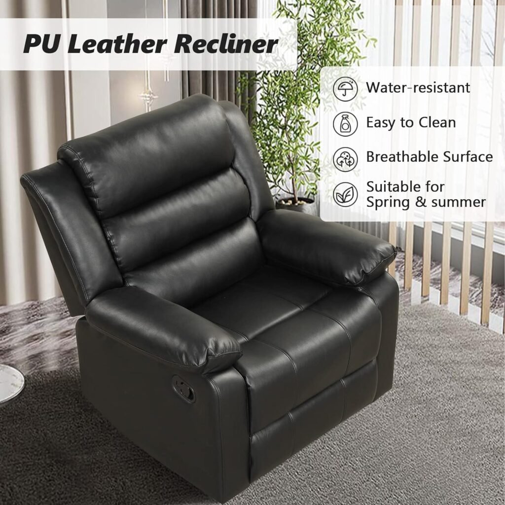 ANJ Manual Recliner Chair, Breathable PU Leather Reclining Chair, Extra Wide Recliners with Overstuffed Arm and Back, Single Sofa Chair for Living Room Bedroom(Brown)