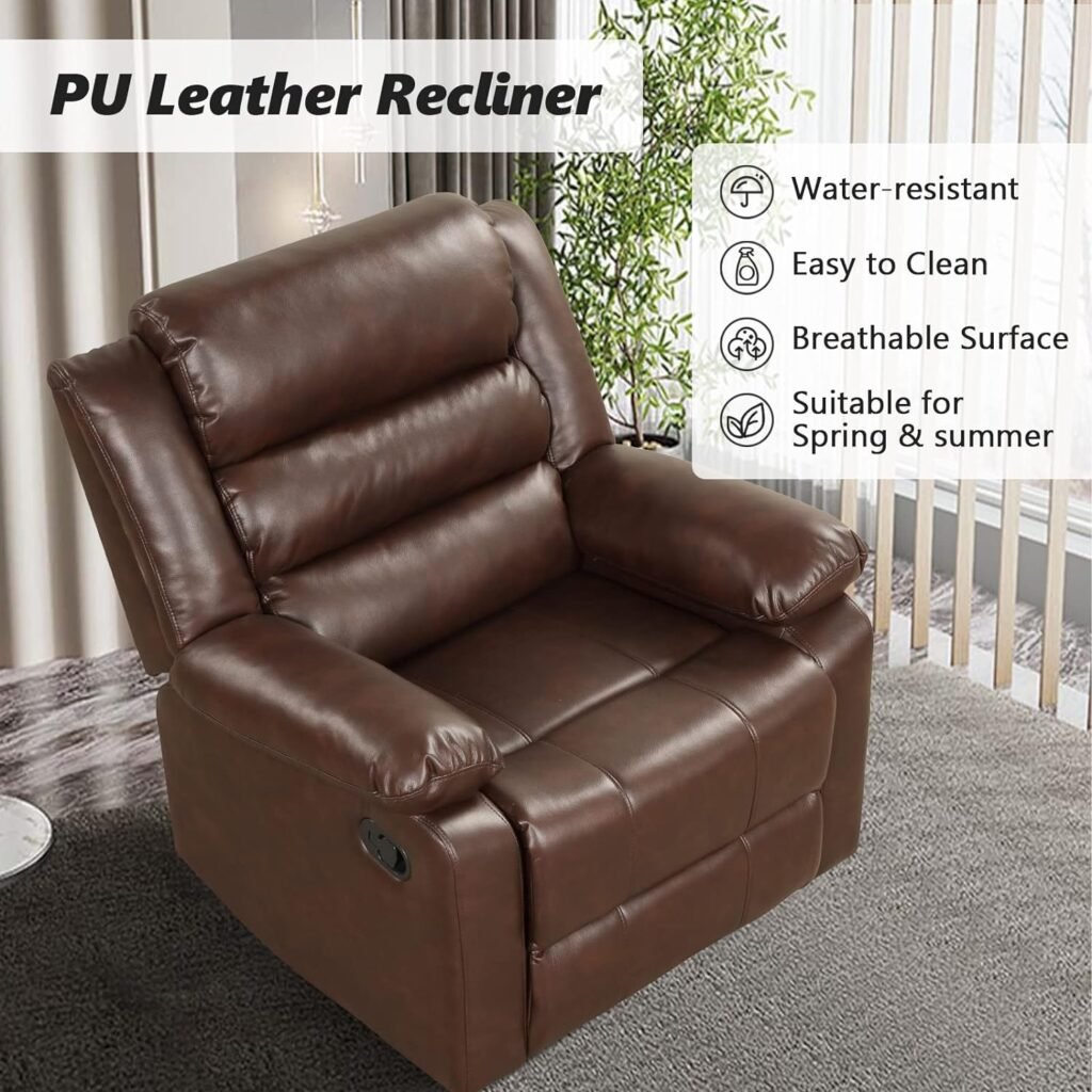 ANJ Manual Recliner Chair, Breathable PU Leather Reclining Chair, Extra Wide Recliners with Overstuffed Arm and Back, Single Sofa Chair for Living Room Bedroom(Brown)