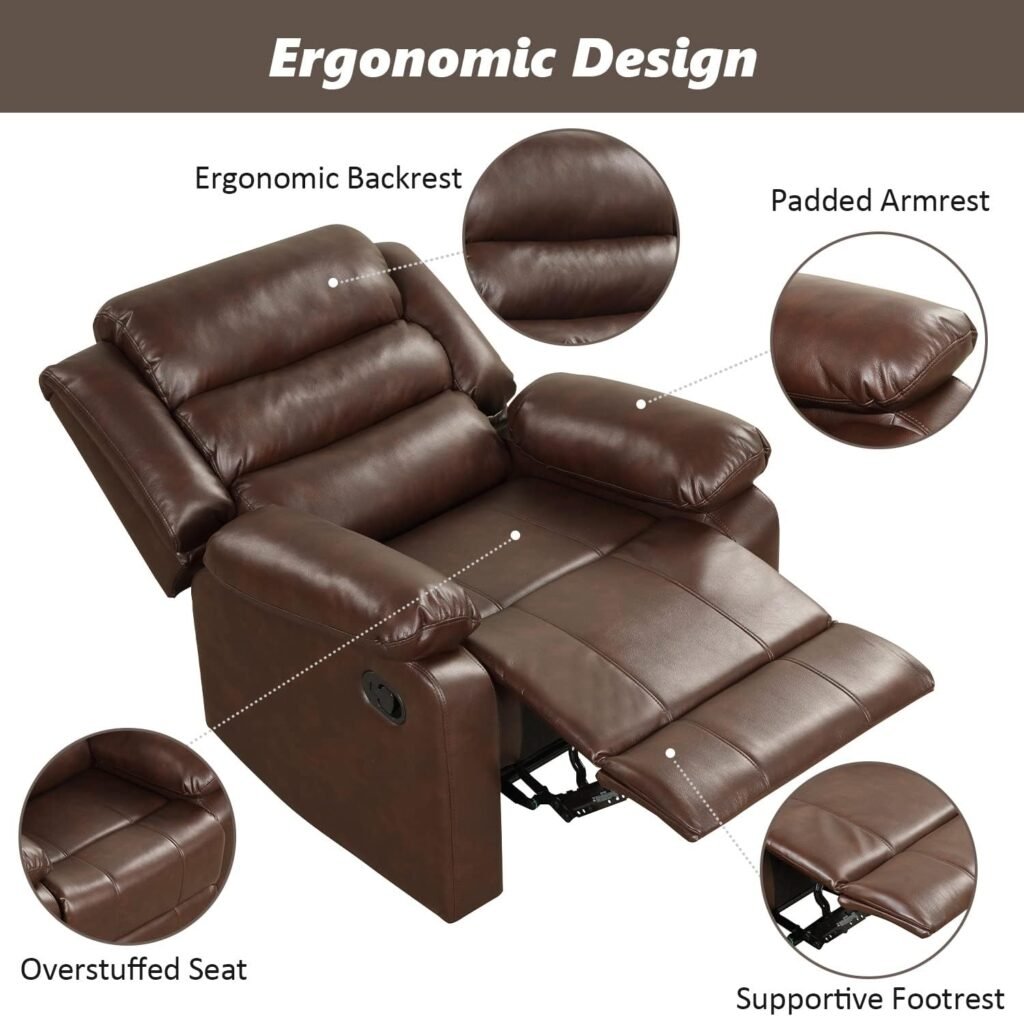 ANJ Manual Recliner Chair, Breathable PU Leather Reclining Chair, Extra Wide Recliners with Overstuffed Arm and Back, Single Sofa Chair for Living Room Bedroom(Brown)