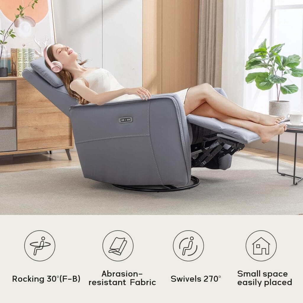 ANJ Power Swivel Rocker Recliner Chair, Electric Glider Reclining Sofa with USB Ports, Leathaire Rocking Chair Nursery Recliners for Living Room (Grey)