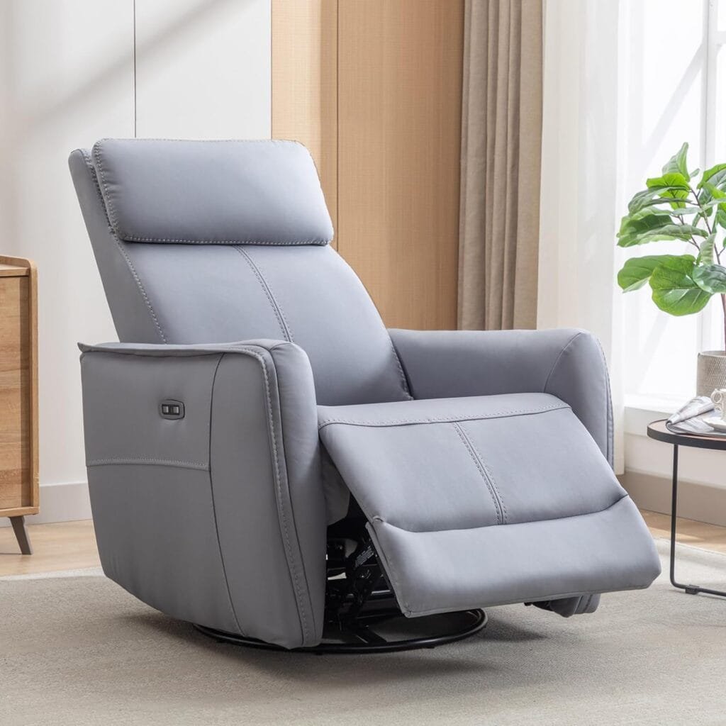 ANJ Power Swivel Rocker Recliner Chair, Electric Glider Reclining Sofa with USB Ports, Leathaire Rocking Chair Nursery Recliners for Living Room (Grey)