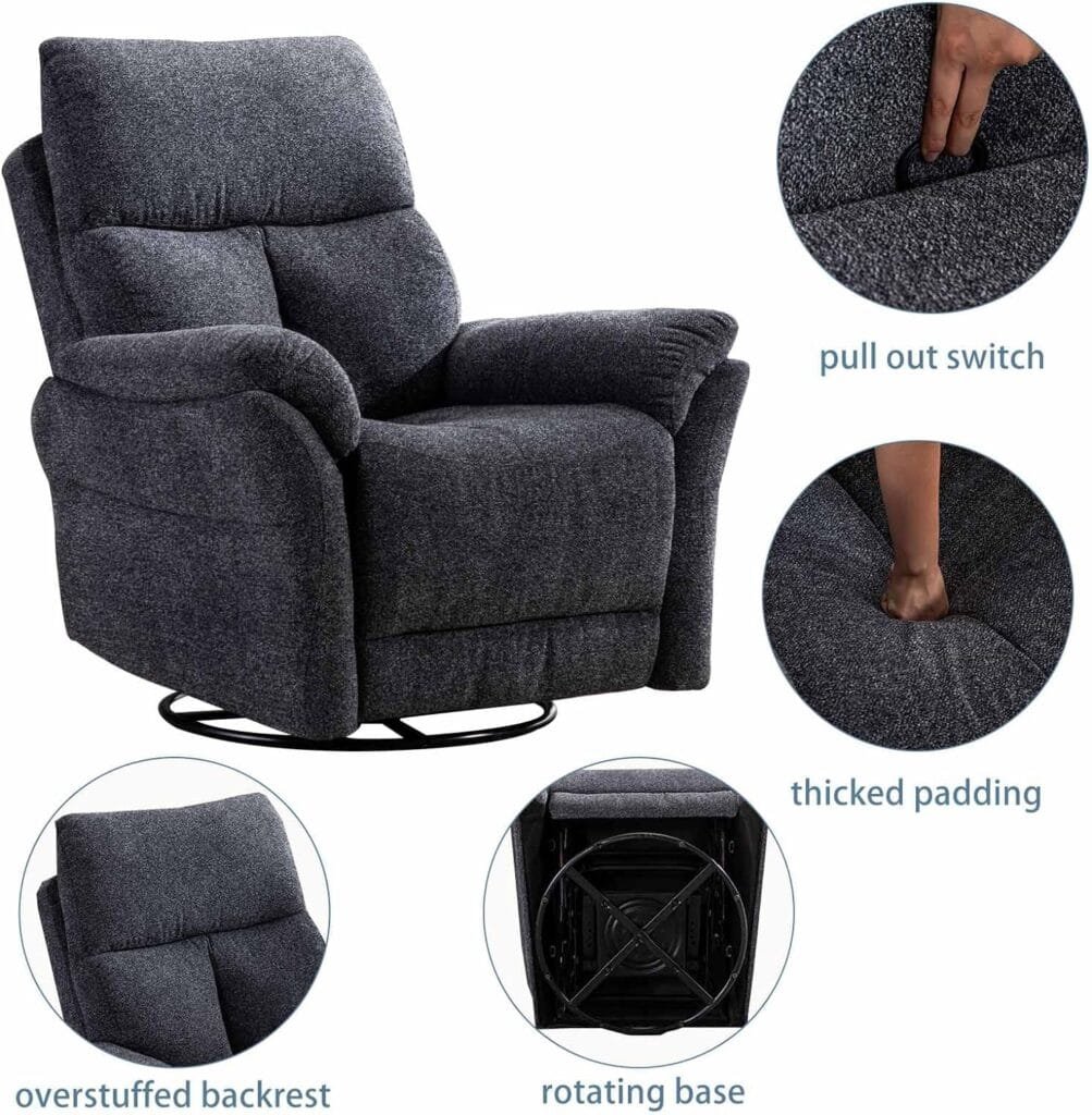 ANJ Swivel Rocker Fabric Recliner Chair - Reclining Chair Manual, Single Modern Sofa Home Theater Seating for Living Room (Silver)