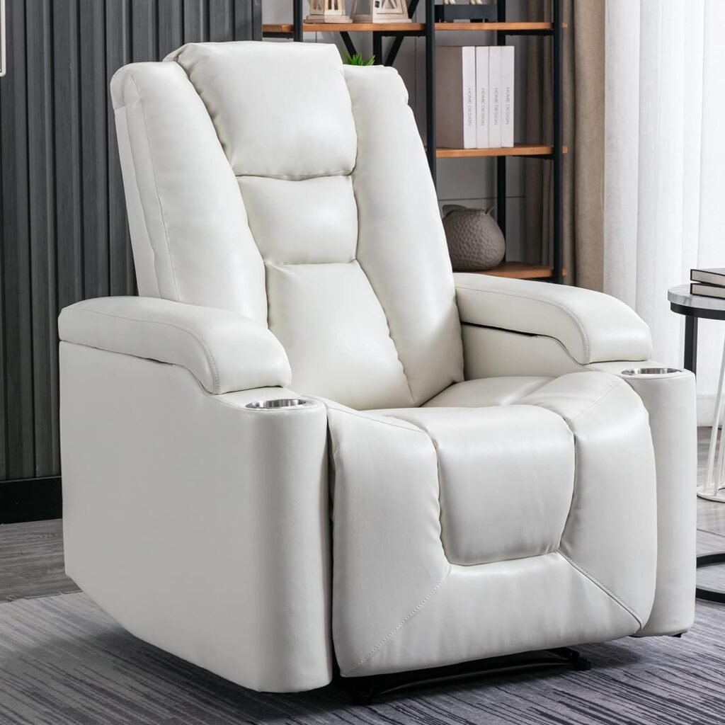 ANJ White Power Recliner Chair Electric Home Theater Seating Soft Leather Movie Chair for Living Room Overstuffed Single Reclining Sofa with Hidden Arm Storage, Cup Holders and USB Ports (Cream White)