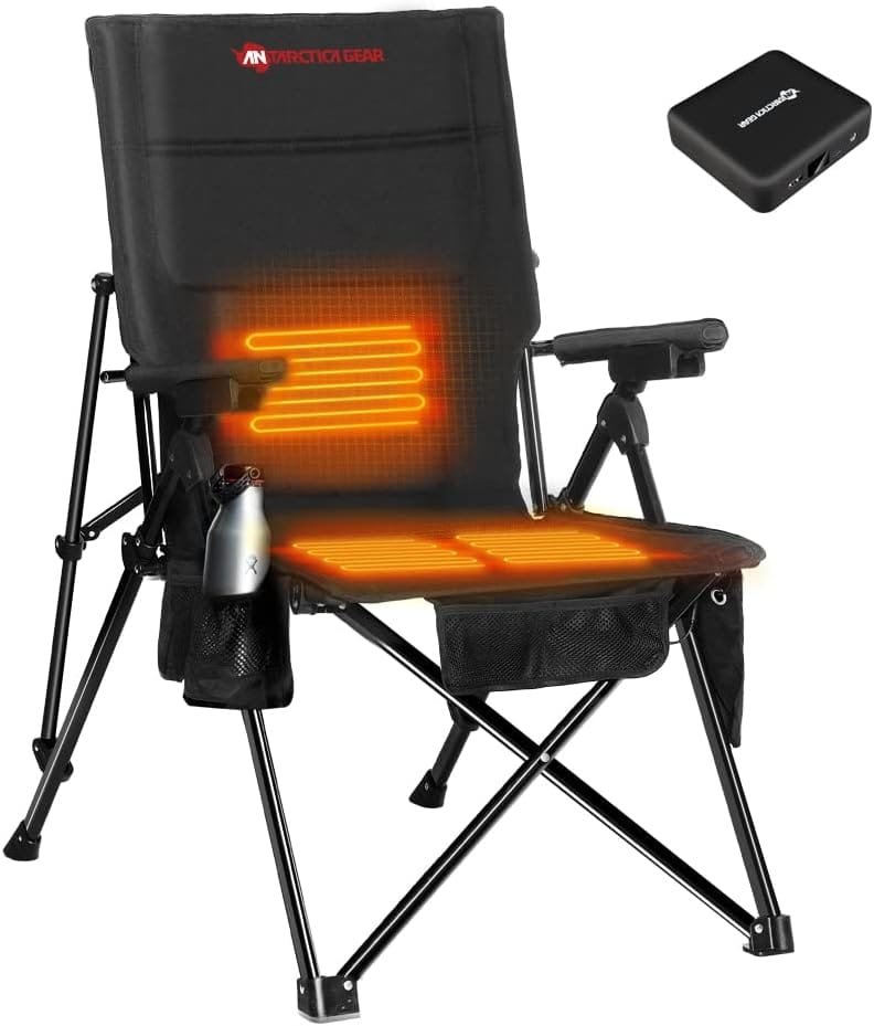 ANTARCTICA GEAR Heated Camping Chair with 12V 16000mAh Battery Pack, Heated Portable Chair, Perfect for Camping, Outdoor Sports, Picnics, and Beach Party, with 5 Pockets