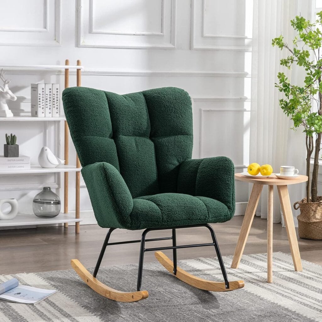 Antetek Rocking Chair for Nursery, Uplostered Rocker Accent Chair, Modern Teddy Fabric Rocking Armchair for Baby Kids, Small Glider Chair for Living Room, Green