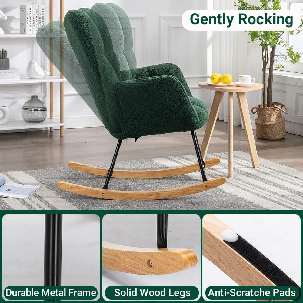 Antetek Rocking Chair for Nursery, Uplostered Rocker Accent Chair, Modern Teddy Fabric Rocking Armchair for Baby Kids, Small Glider Chair for Living Room, Green