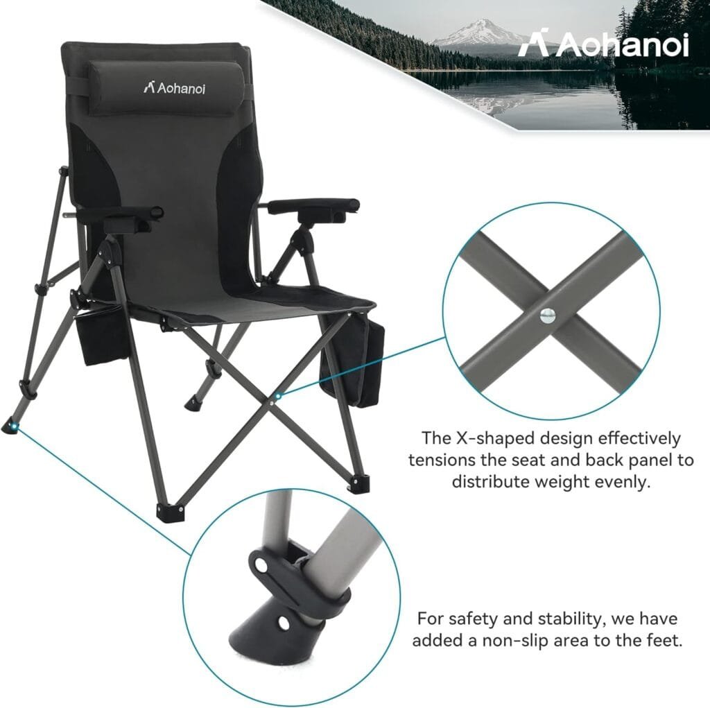 Aohanoi Camping Chairs, Camping Chairs for Heavy People, Outdoor Folding Chairs with Adjustable Angled Backrest, Lawn Chairs Folding Supports up to 300lbs (2 Pcs, Grey)