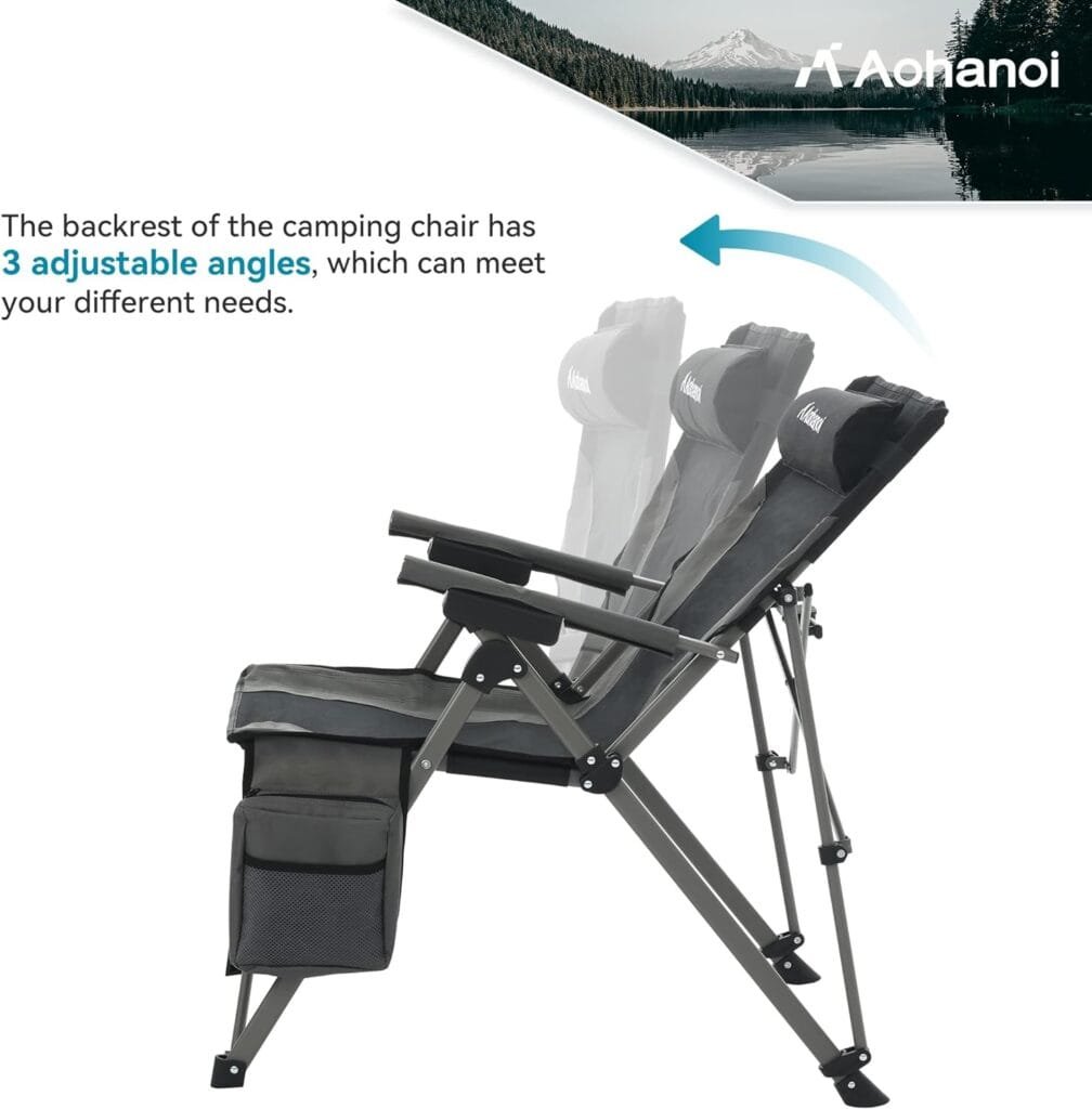 Aohanoi Camping Chairs, Camping Chairs for Heavy People, Outdoor Folding Chairs with Adjustable Angled Backrest, Lawn Chairs Folding Supports up to 300lbs (2 Pcs, Grey)