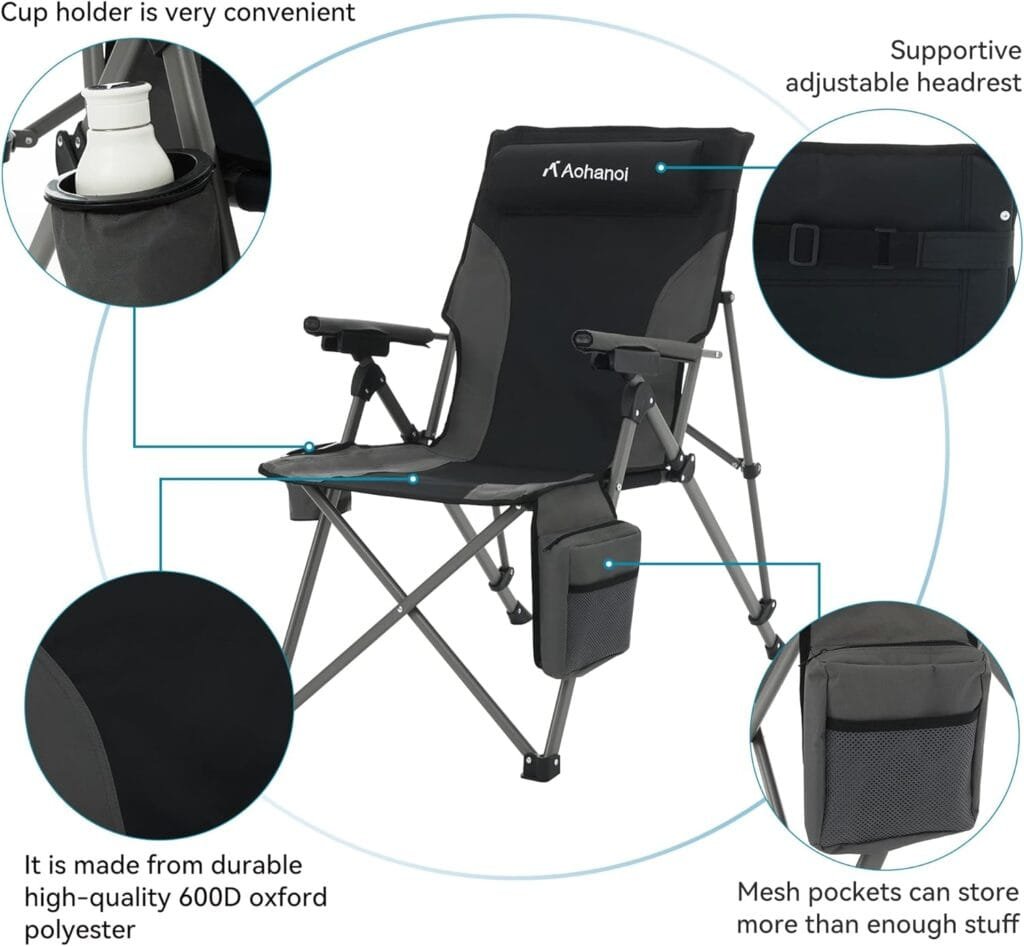 Aohanoi Camping Chairs, Camping Chairs for Heavy People, Outdoor Folding Chairs with Adjustable Angled Backrest, Lawn Chairs Folding Supports up to 300lbs (2 Pcs, Grey)