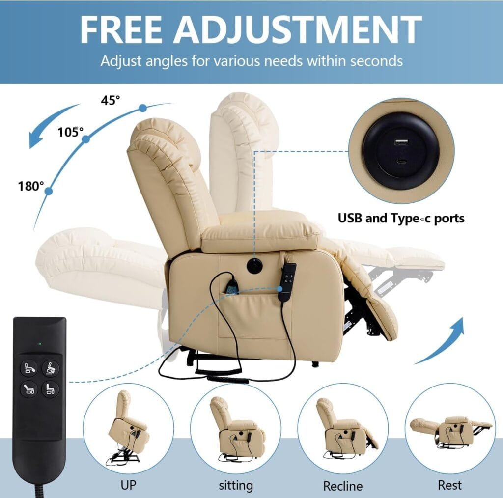 ASHOMELI Infinite Position Dual Motor Large Power Lift Recliner Chair with Massage and Heating,Real Leather,2 Side Pockets, USB and Type-c Ports (Beige)