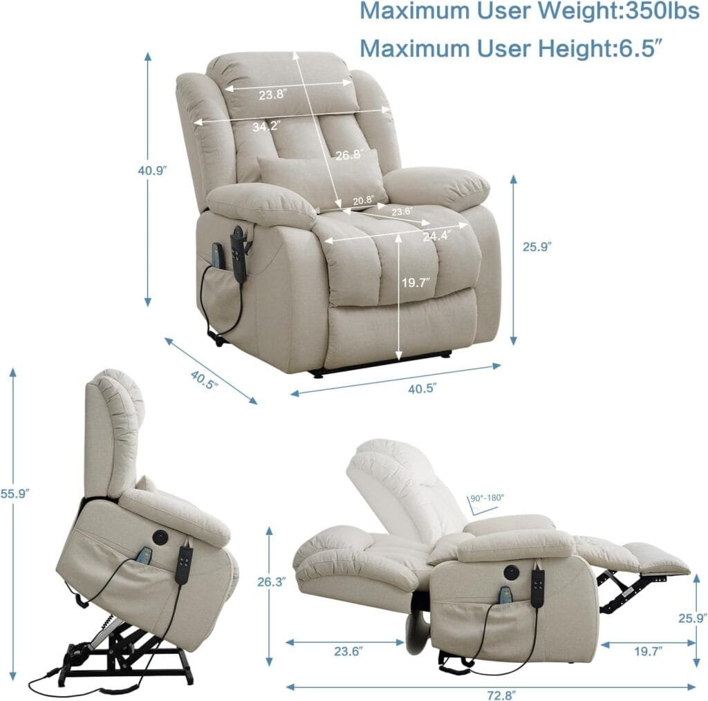 ASHOMELI Infinite Position Dual Motor Large Power Lift Recliner Chair with Massage and Heating,Real Leather,2 Side Pockets, USB and Type-c Ports (Beige)