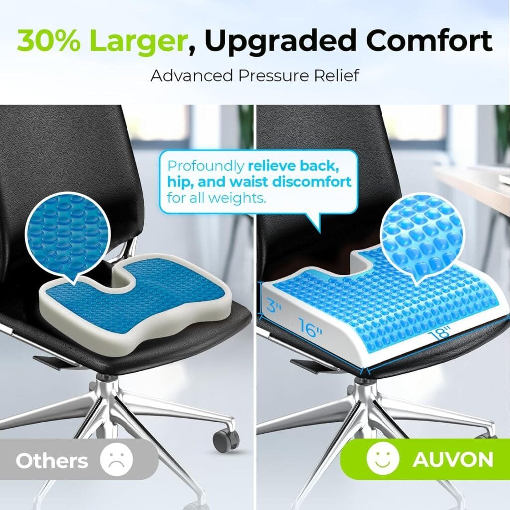 AUVON Cooling Gel Seat Cushion for Office Chair, Large Tailbone Cushion with Thick Memory Foam for Sciatica  Back Pain Relief, Non-Slip Pressure Relief Coccyx Cushion Suits Car Seat, Gaming, Home