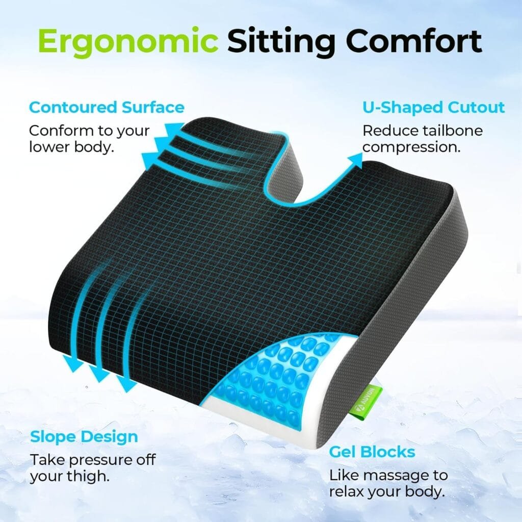 AUVON Cooling Gel Seat Cushion for Office Chair, Large Tailbone Cushion with Thick Memory Foam for Sciatica  Back Pain Relief, Non-Slip Pressure Relief Coccyx Cushion Suits Car Seat, Gaming, Home