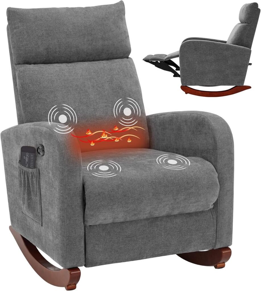 AVAWING Electric Massage Rocking Chair, Rocking Accent Armchair with Heat Function USB Ports, Rocker Fabric Padded Seat Wood Base, Modern High Back Armchair with Footrest Remote Control for Home,Grey