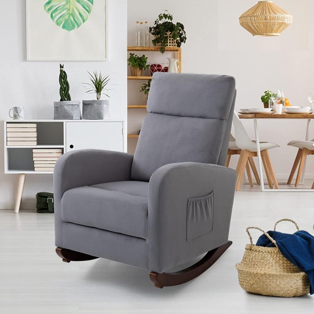 AVAWING Home Rocking Chair, Mid Century Glider Chair Upholstered Frosted Velvet High Back Arm Chair Nursery Rocking Chairs with Solid Legs and Side Pockets (Gray)